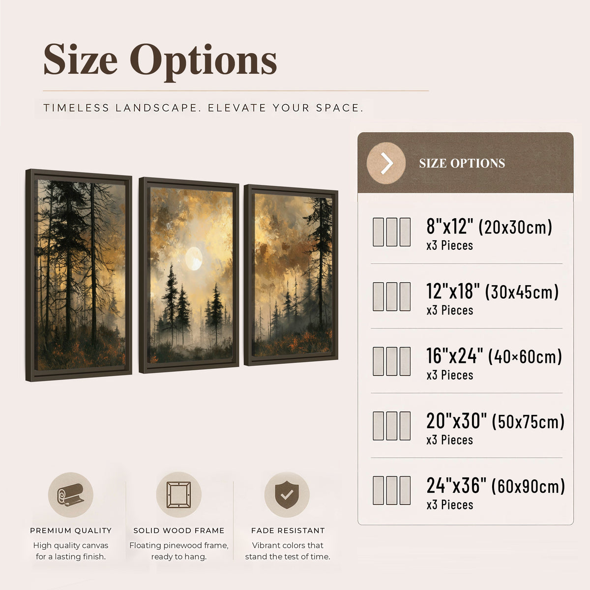 Moonlit pine forest painting 3 piece framed canvas size options