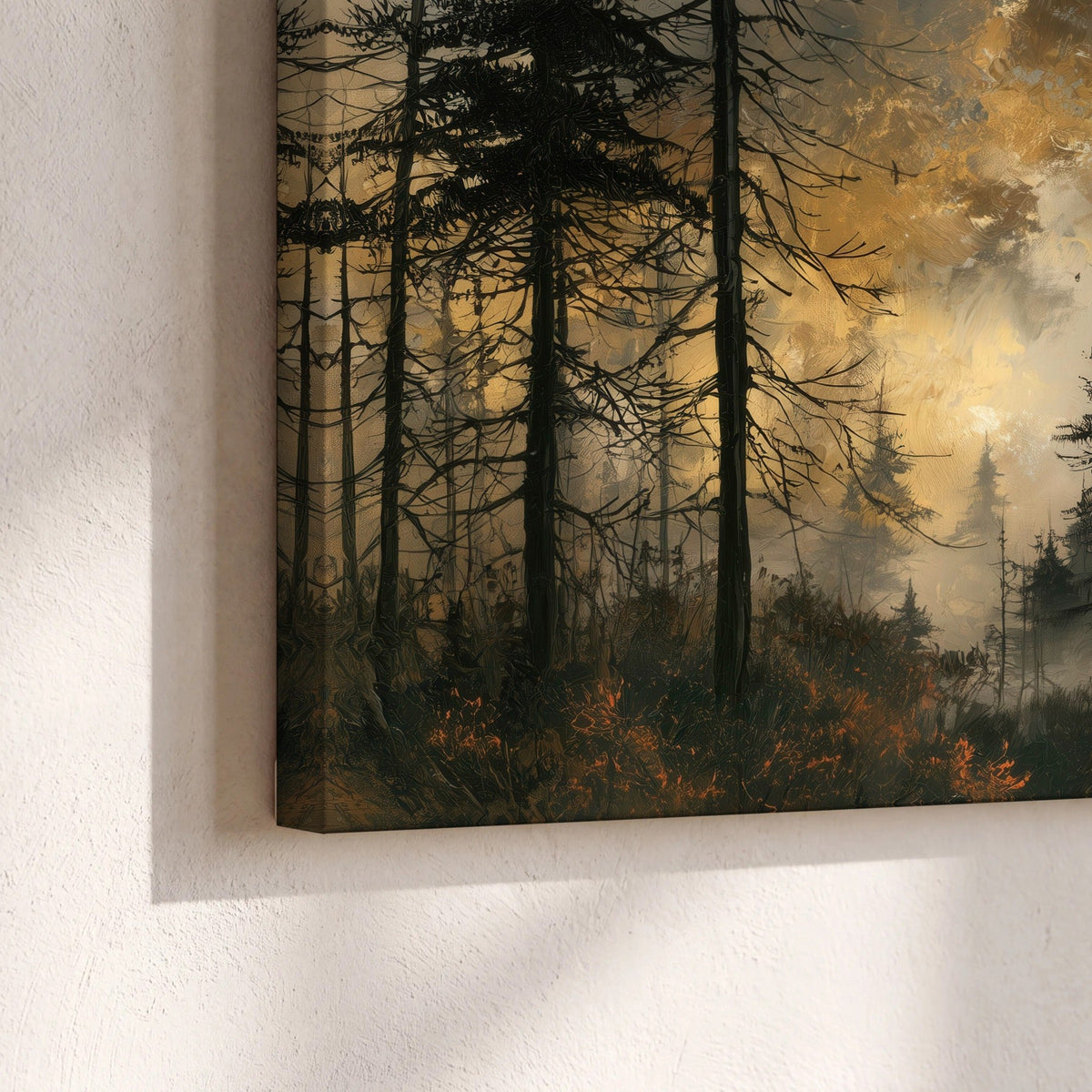 Moonlit pine forest painting canvas print close-up showing the gallery-wrapped edge