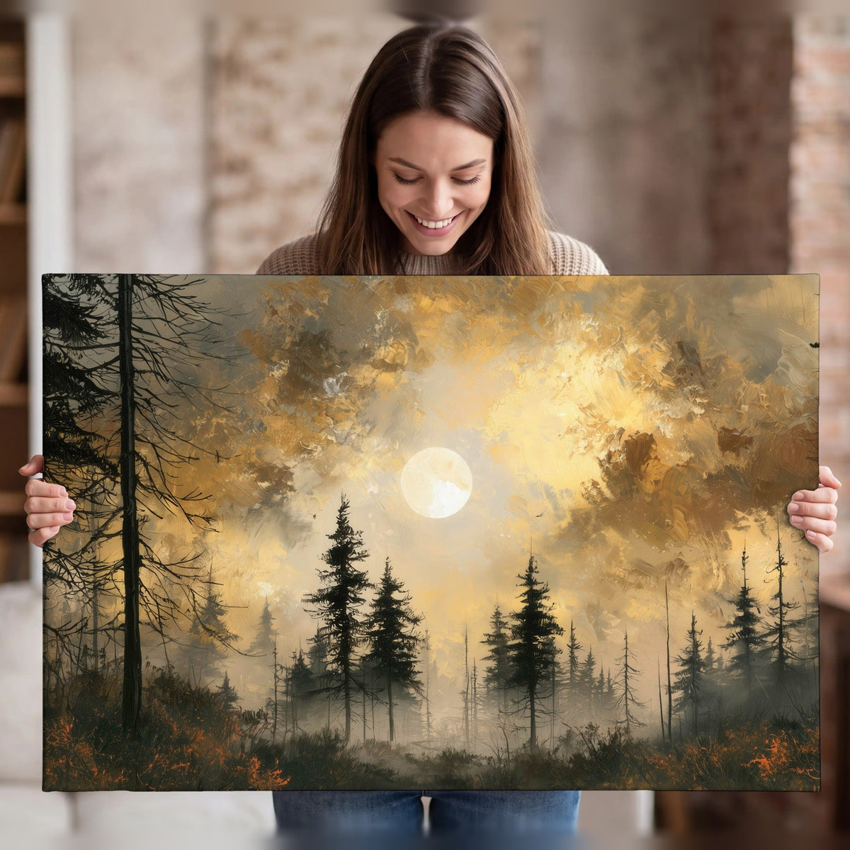 Moonlit pine forest painting canvas wall art held in hands
