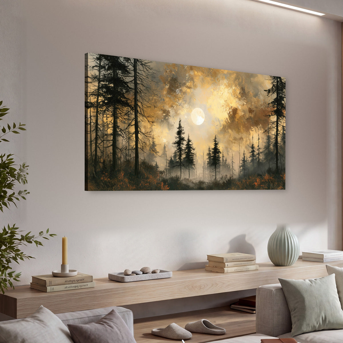 Moonlit pine forest painting canvas wall art in a living room above a console