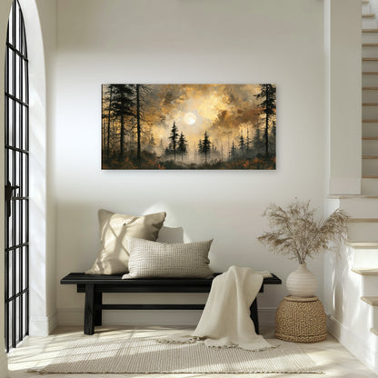 Moonlit pine forest painting canvas wall art in an entryway above a bench