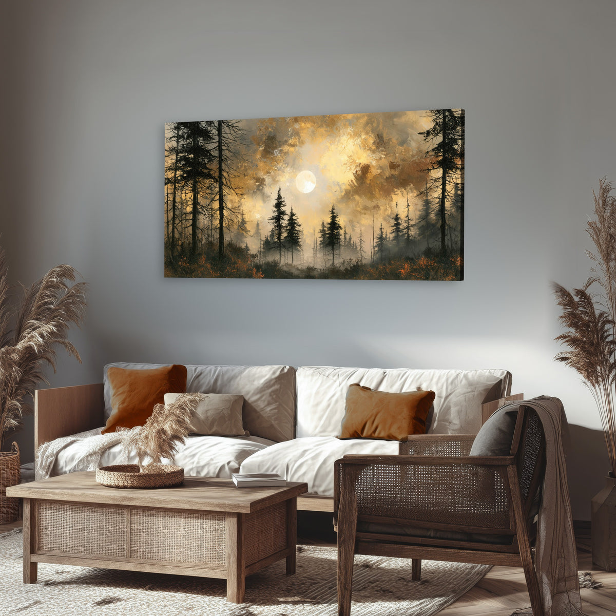 Moonlit pine forest painting canvas wall art in a rustic living room