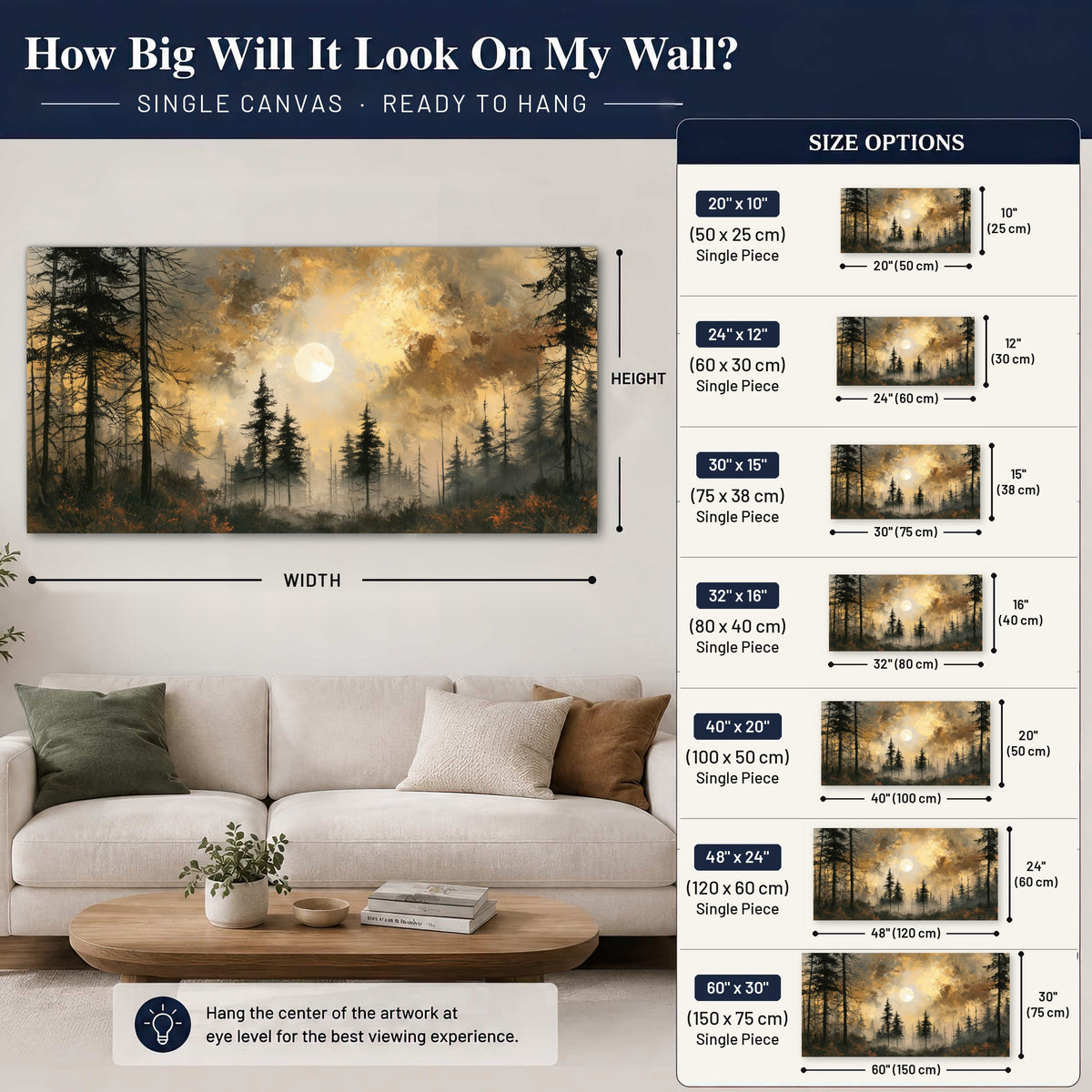 Moonlit pine forest painting canvas wall art size guide above a sofa