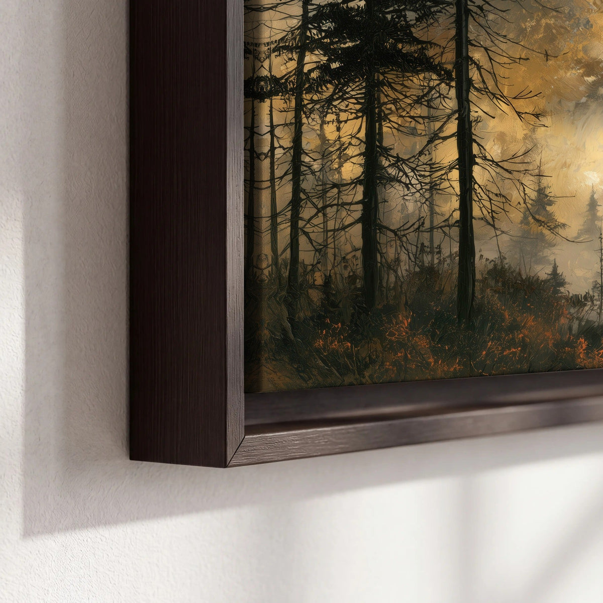 Moonlit pine forest painting framed canvas close-up showing the floating frame