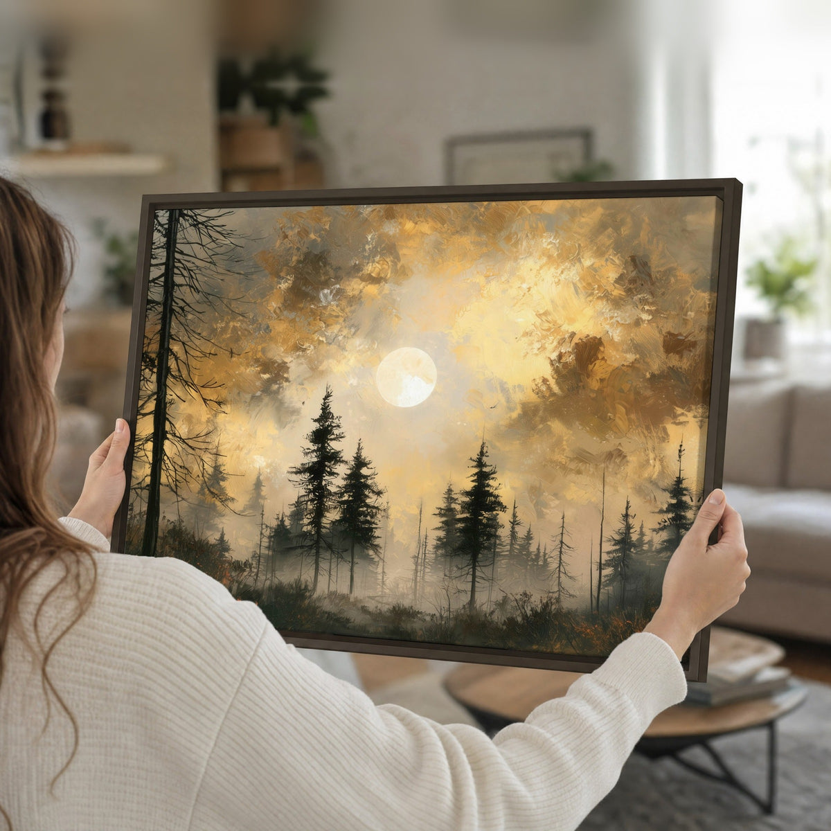 Moonlit pine forest painting framed canvas held in hands