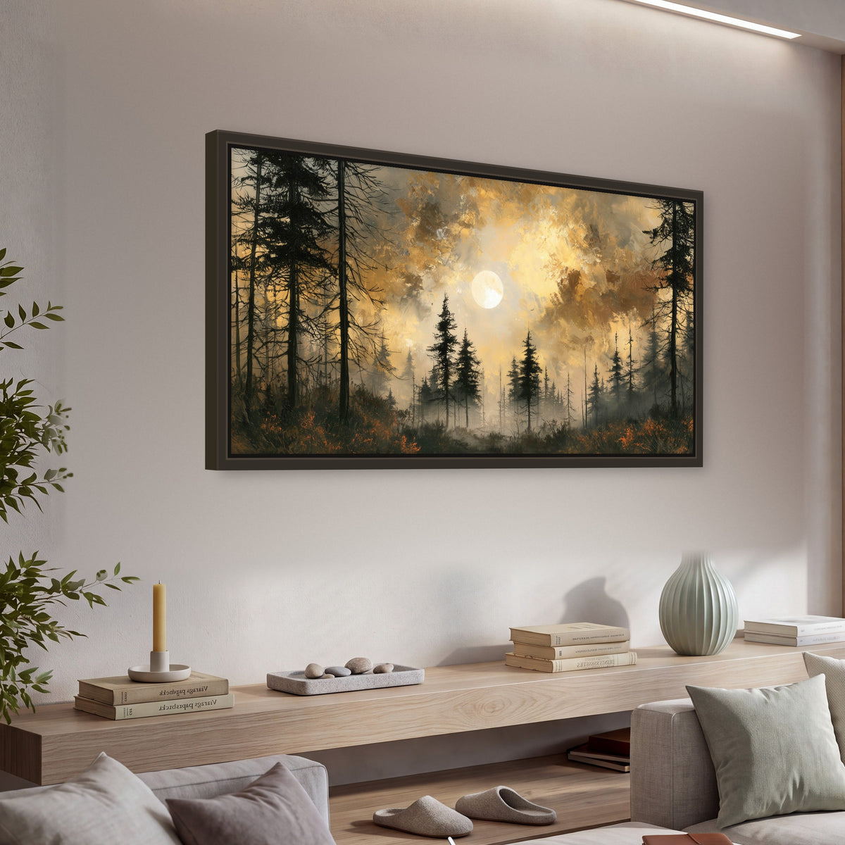 Moonlit pine forest painting framed canvas wall art in a living room above a console