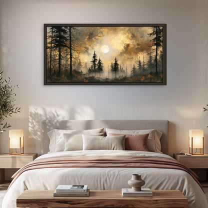 Moonlit pine forest painting framed canvas wall art in a bedroom above the bed
