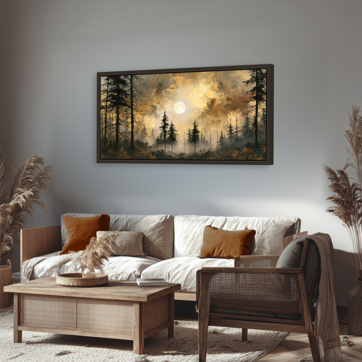 Moonlit pine forest painting framed canvas wall art in a rustic living room