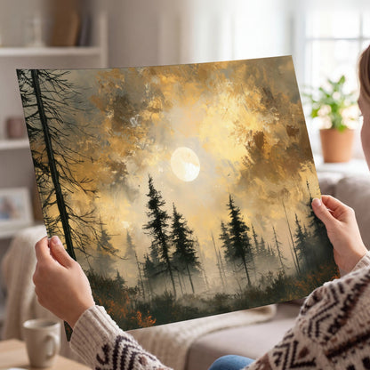 Moonlit pine forest painting poster print held in hands