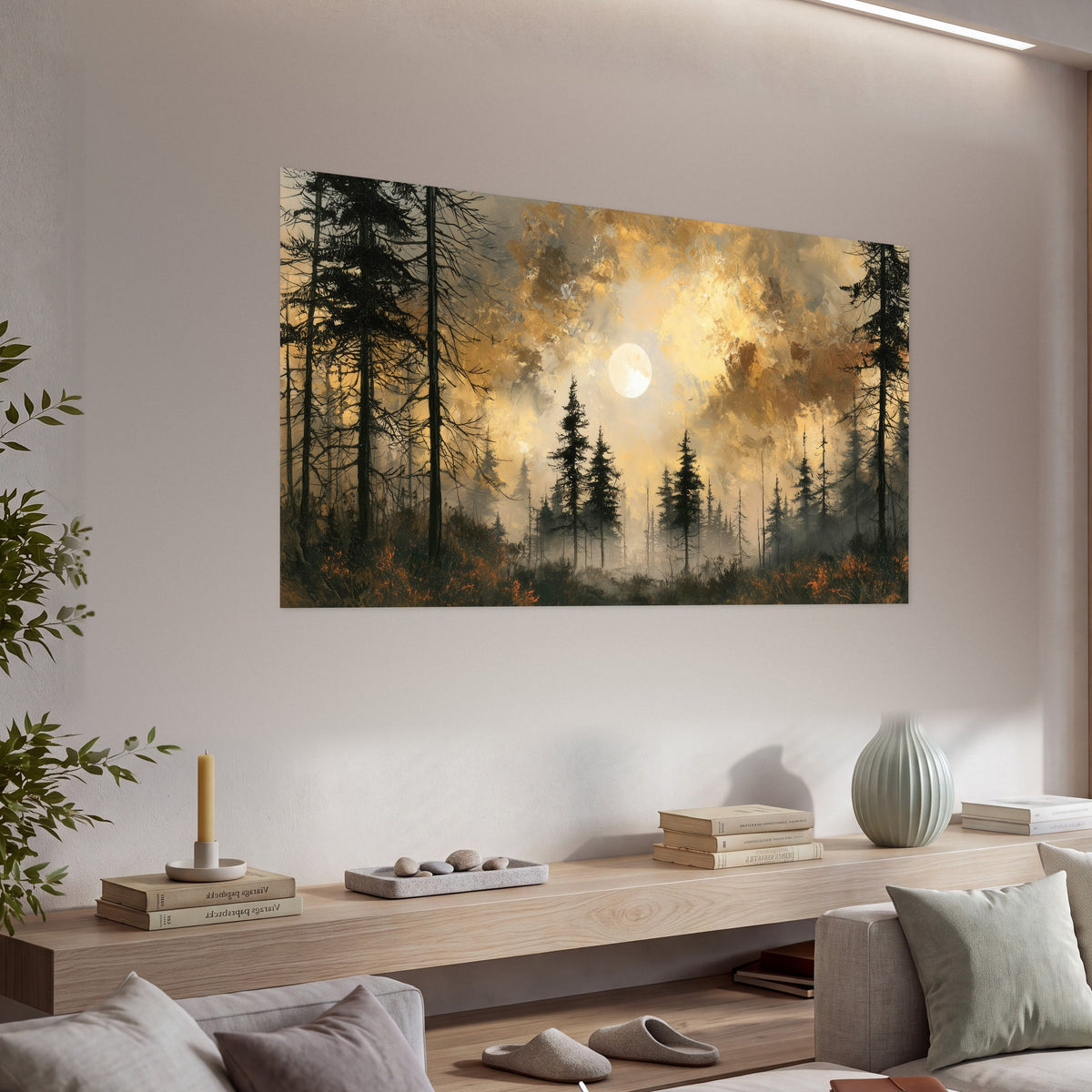 Moonlit pine forest painting poster print in a living room above a console