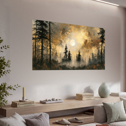 Moonlit pine forest painting poster print in a living room above a console