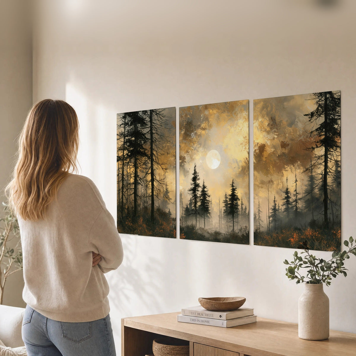 Moonlit pine forest painting set of 3 poster prints in a living room