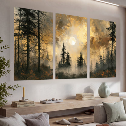 Moonlit pine forest painting set of 3 poster prints in a living room above a console