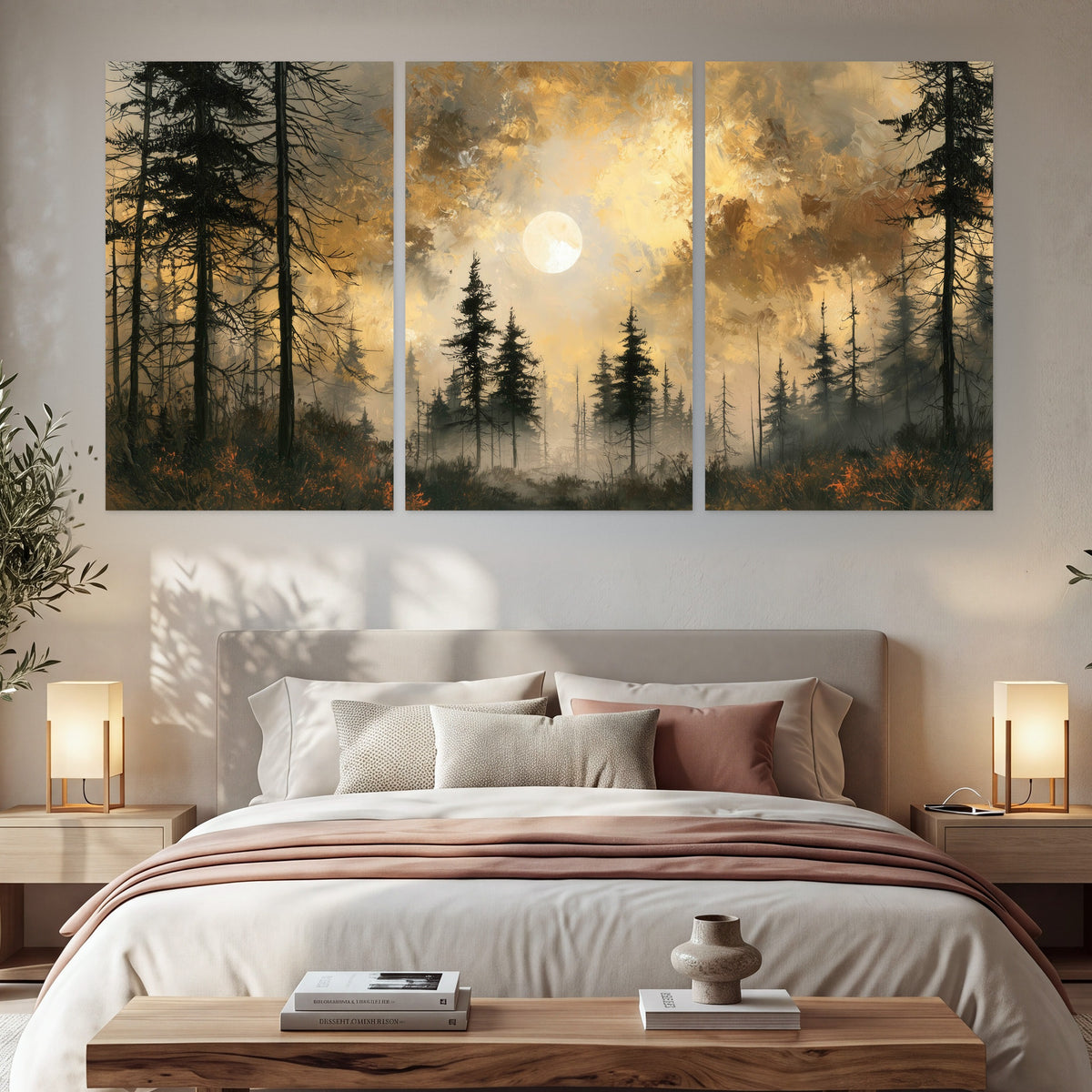 Moonlit pine forest painting set of 3 poster prints in a bedroom above the bed