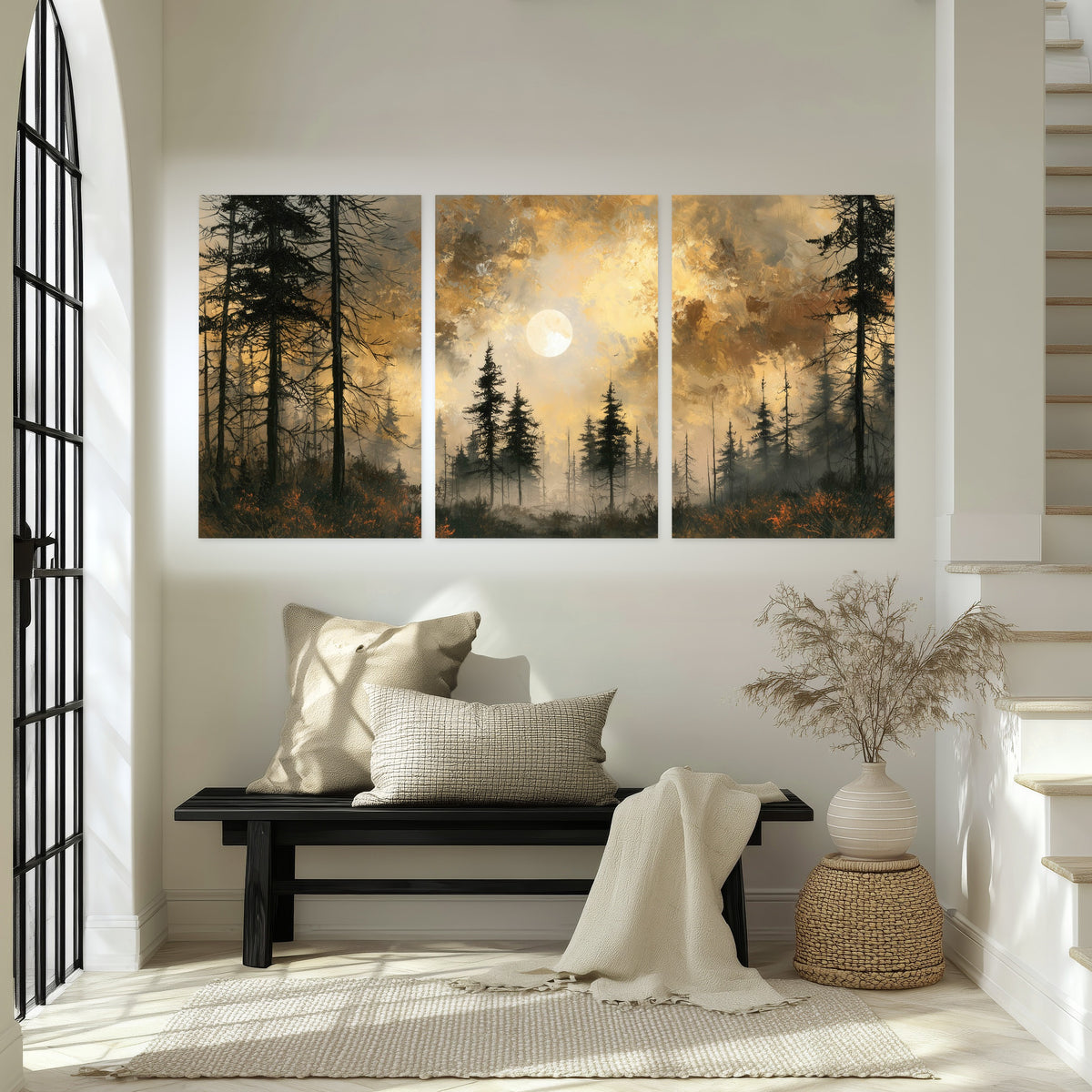 Moonlit pine forest painting set of 3 poster prints in an entryway above a bench