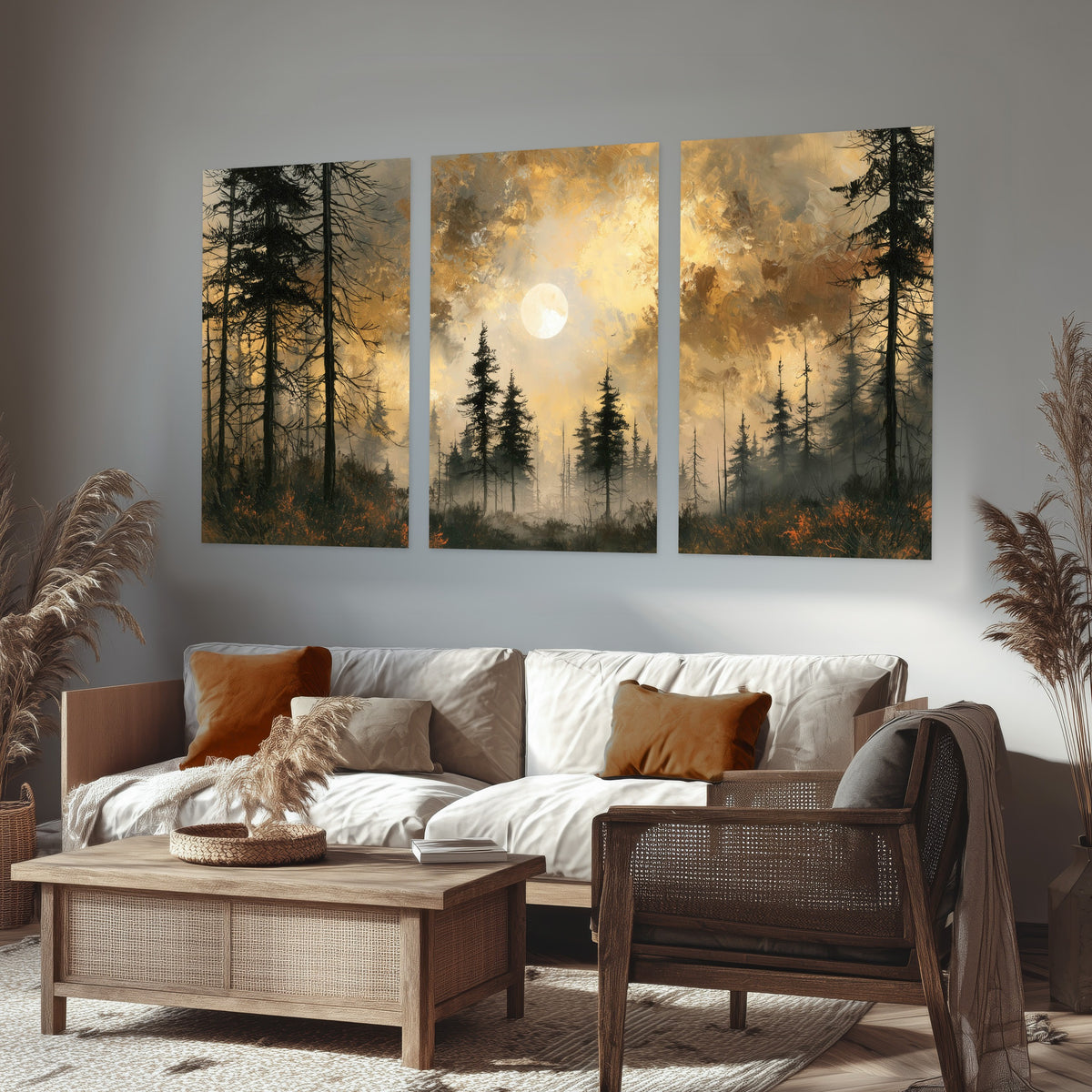 Moonlit pine forest painting set of 3 poster prints in a rustic living room