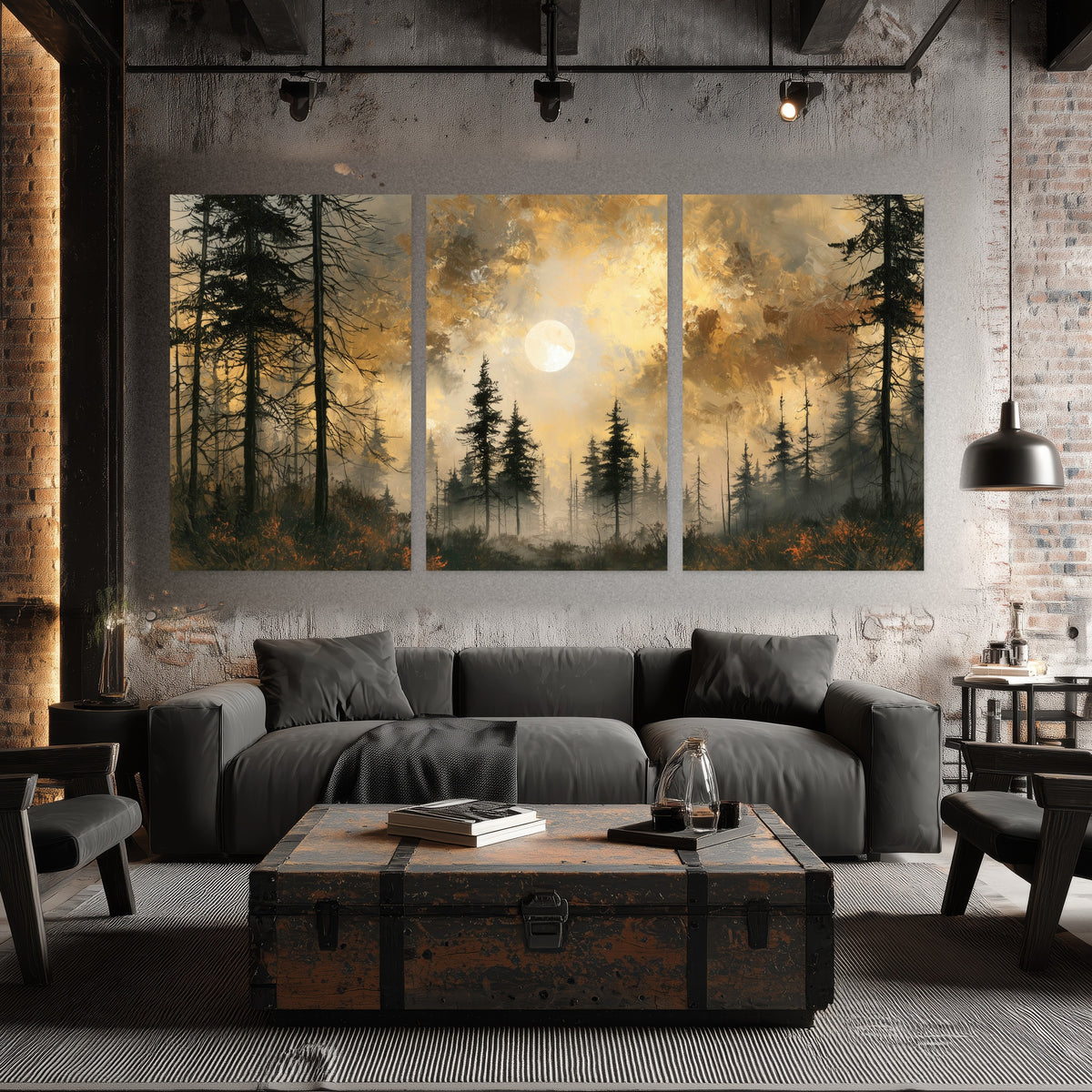 Moonlit pine forest painting set of 3 poster prints in an industrial loft