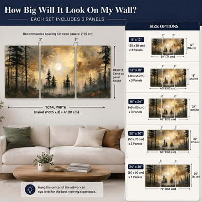 Moonlit pine forest painting set of 3 poster prints size guide above a sofa