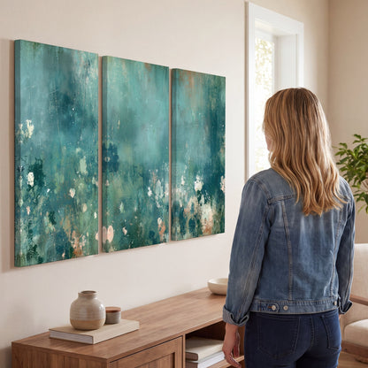 Teal abstract garden painting 3 piece canvas wall art in a living room