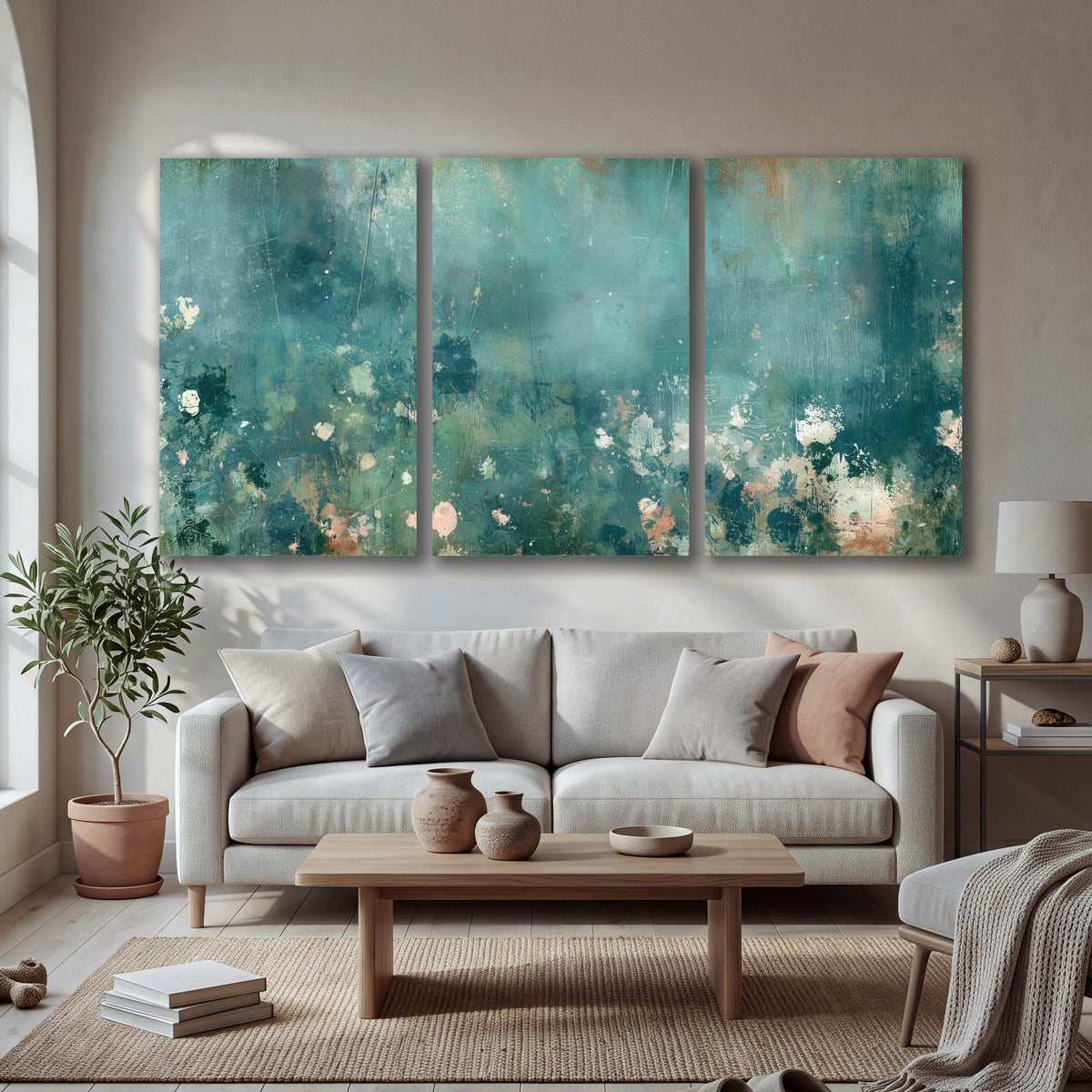 Teal abstract garden painting 3 piece canvas wall art in a bright living room