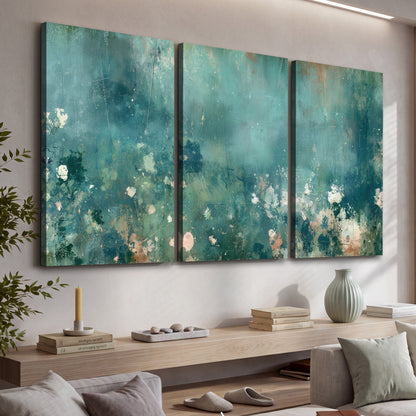 Teal abstract garden painting 3 piece canvas wall art in a living room above a console