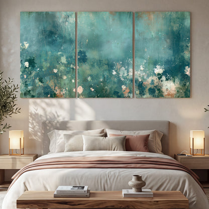 Teal abstract garden painting 3 piece canvas wall art in a bedroom above the bed