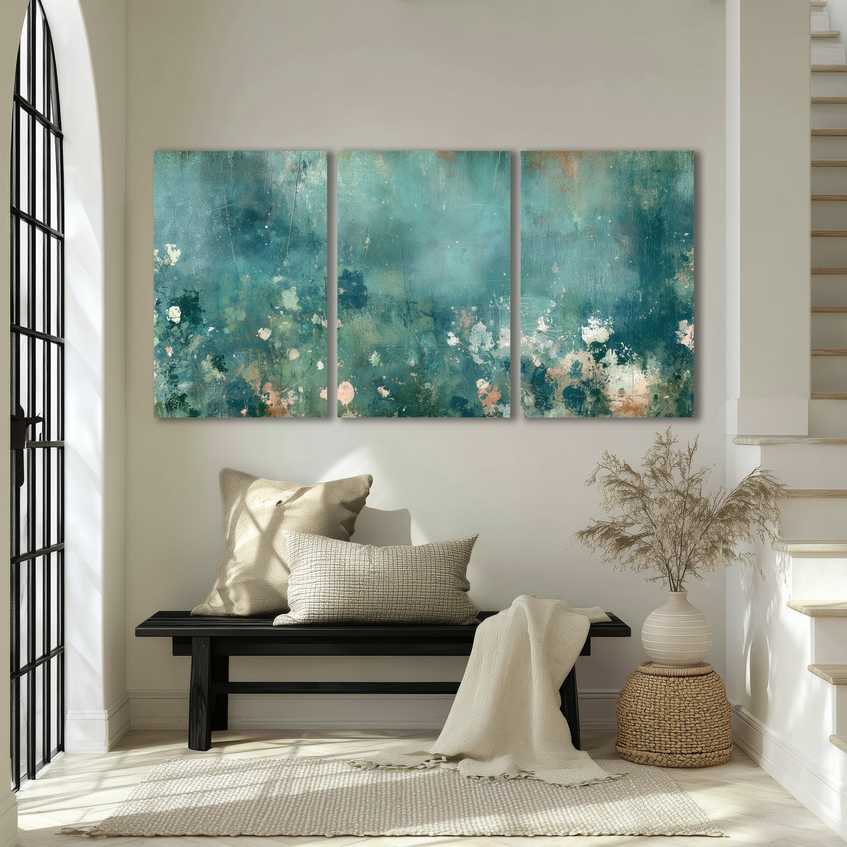 Teal abstract garden painting 3 piece canvas wall art in an entryway above a bench