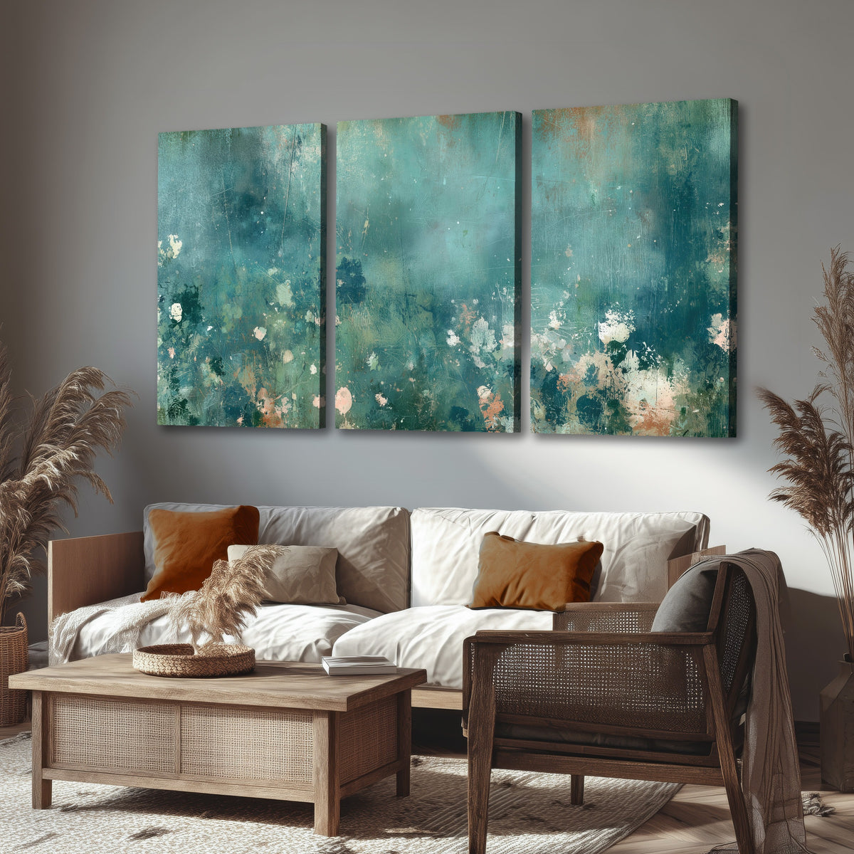 Teal abstract garden painting 3 piece canvas wall art in a rustic living room