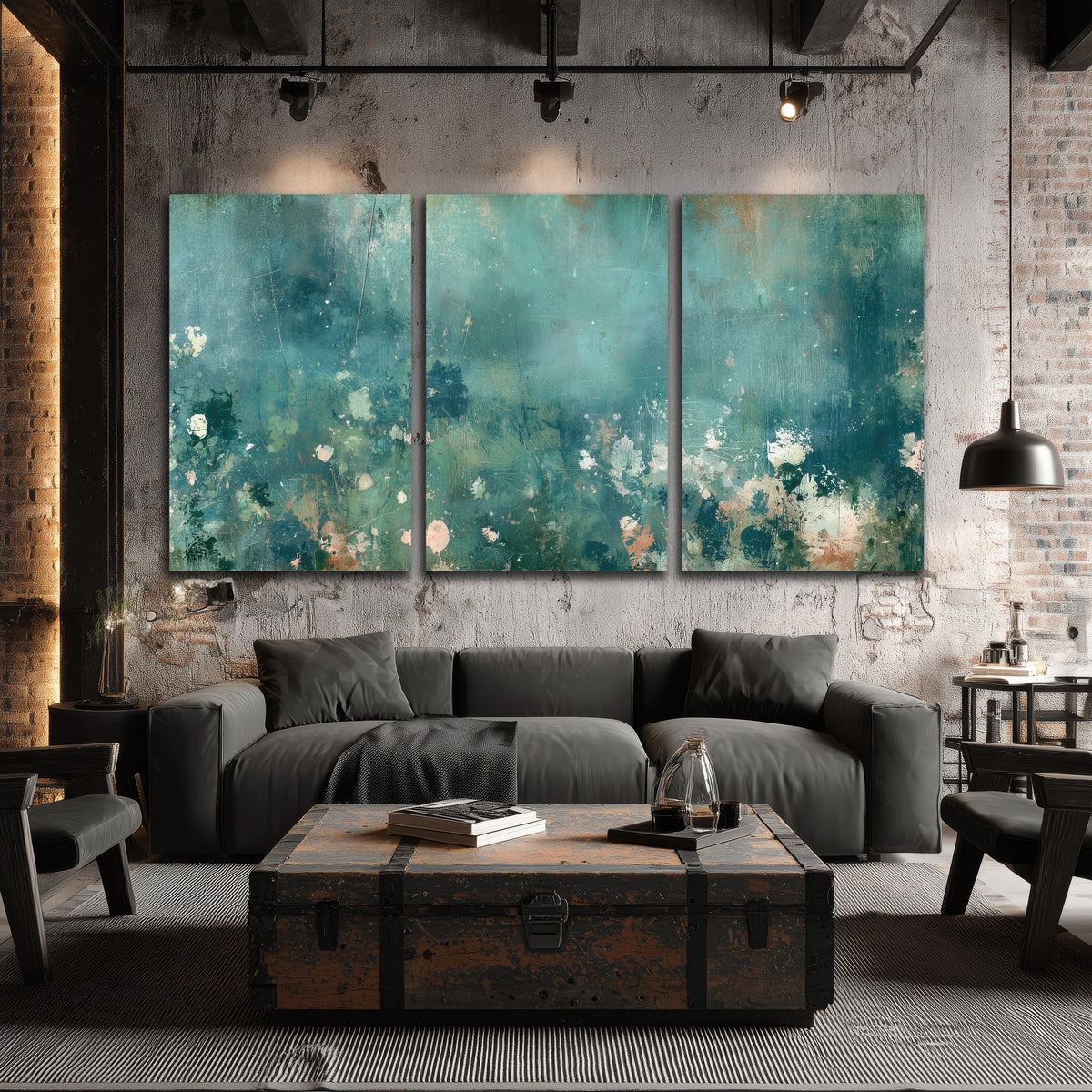 Teal abstract garden painting 3 piece canvas wall art in an industrial loft