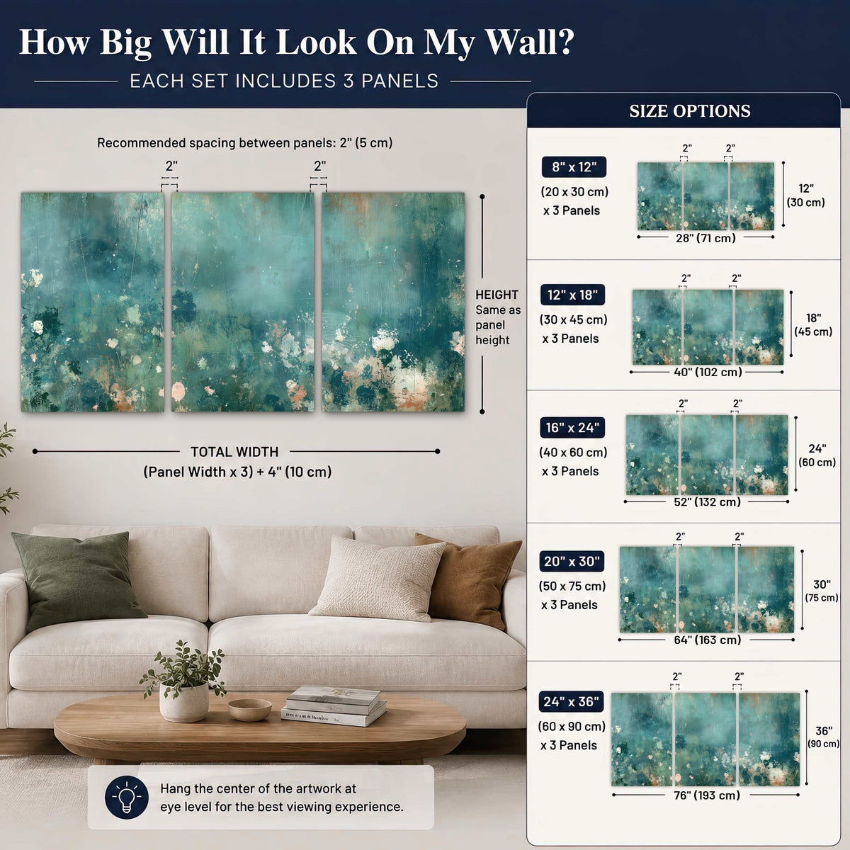 Teal abstract garden painting 3 piece canvas wall art size guide above a sofa