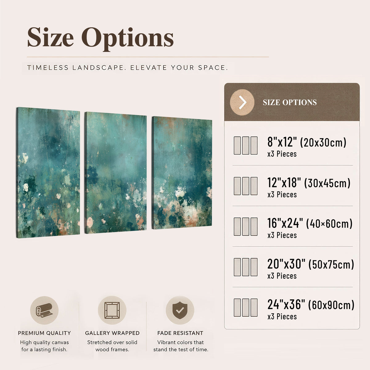 Teal abstract garden painting 3 piece canvas wall art size options