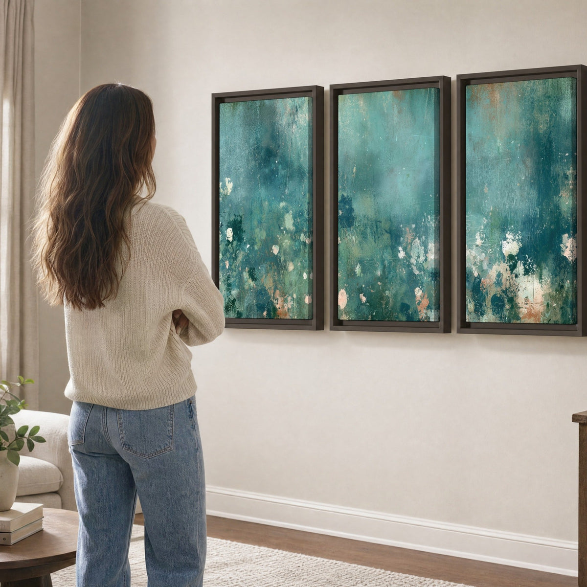 Teal abstract garden painting 3 piece framed canvas in a living room