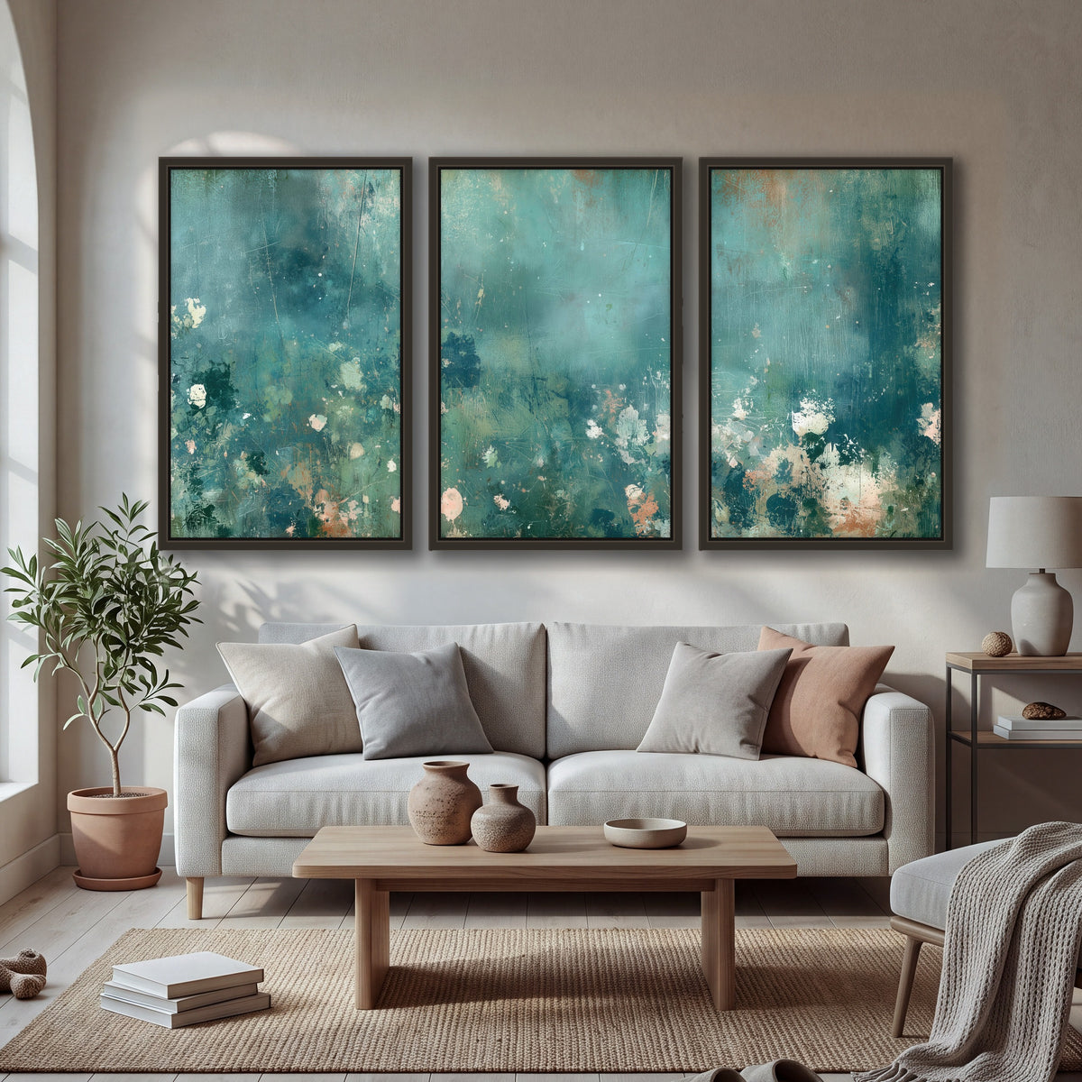 Teal abstract garden painting 3 piece framed canvas in a bright living room