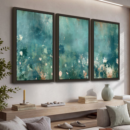 Teal abstract garden painting 3 piece framed canvas in a living room above a console
