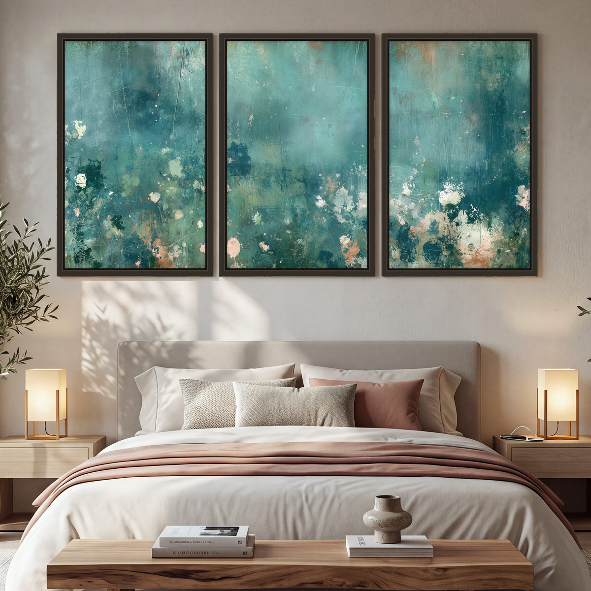 Teal abstract garden painting 3 piece framed canvas in a bedroom above the bed