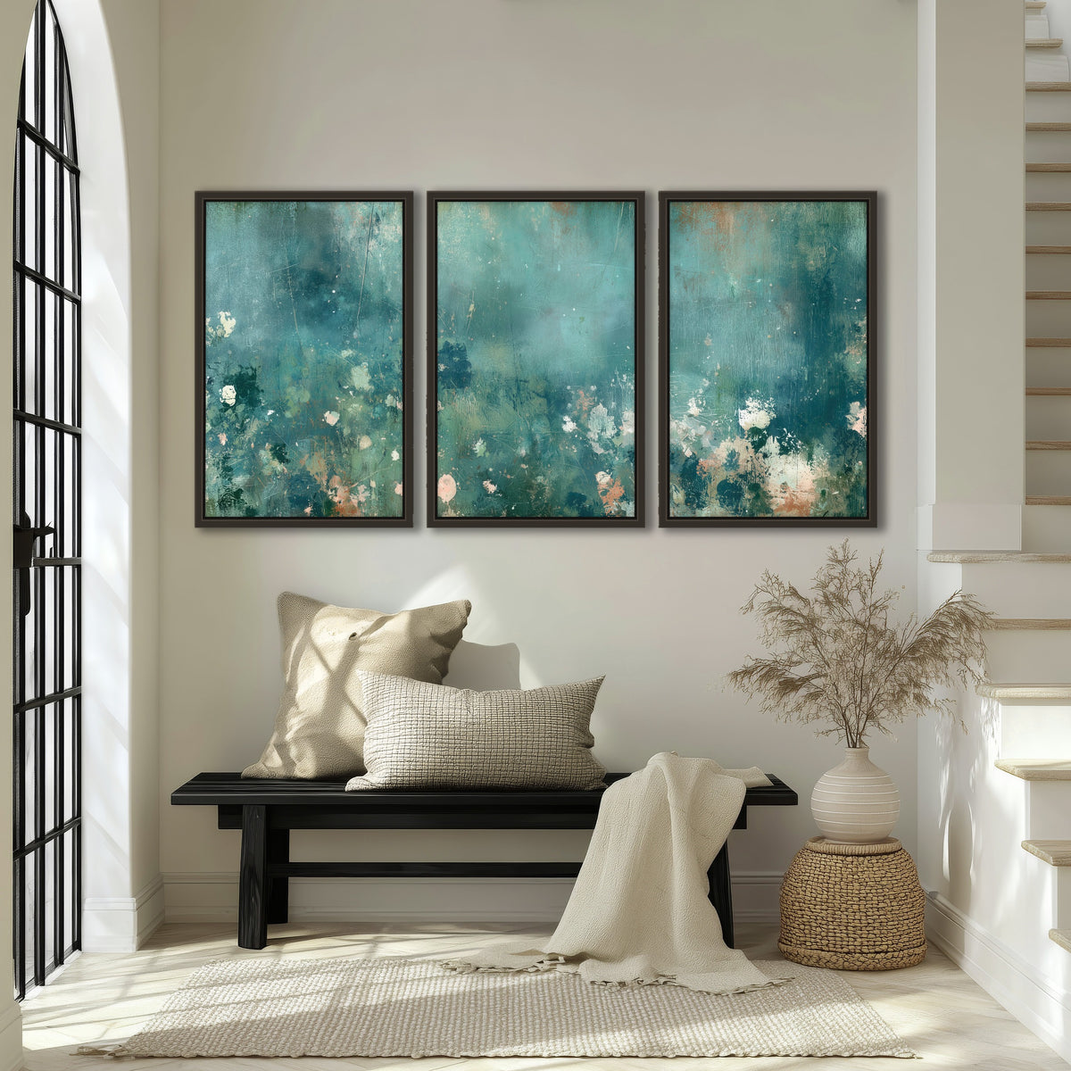 Teal abstract garden painting 3 piece framed canvas in an entryway above a bench