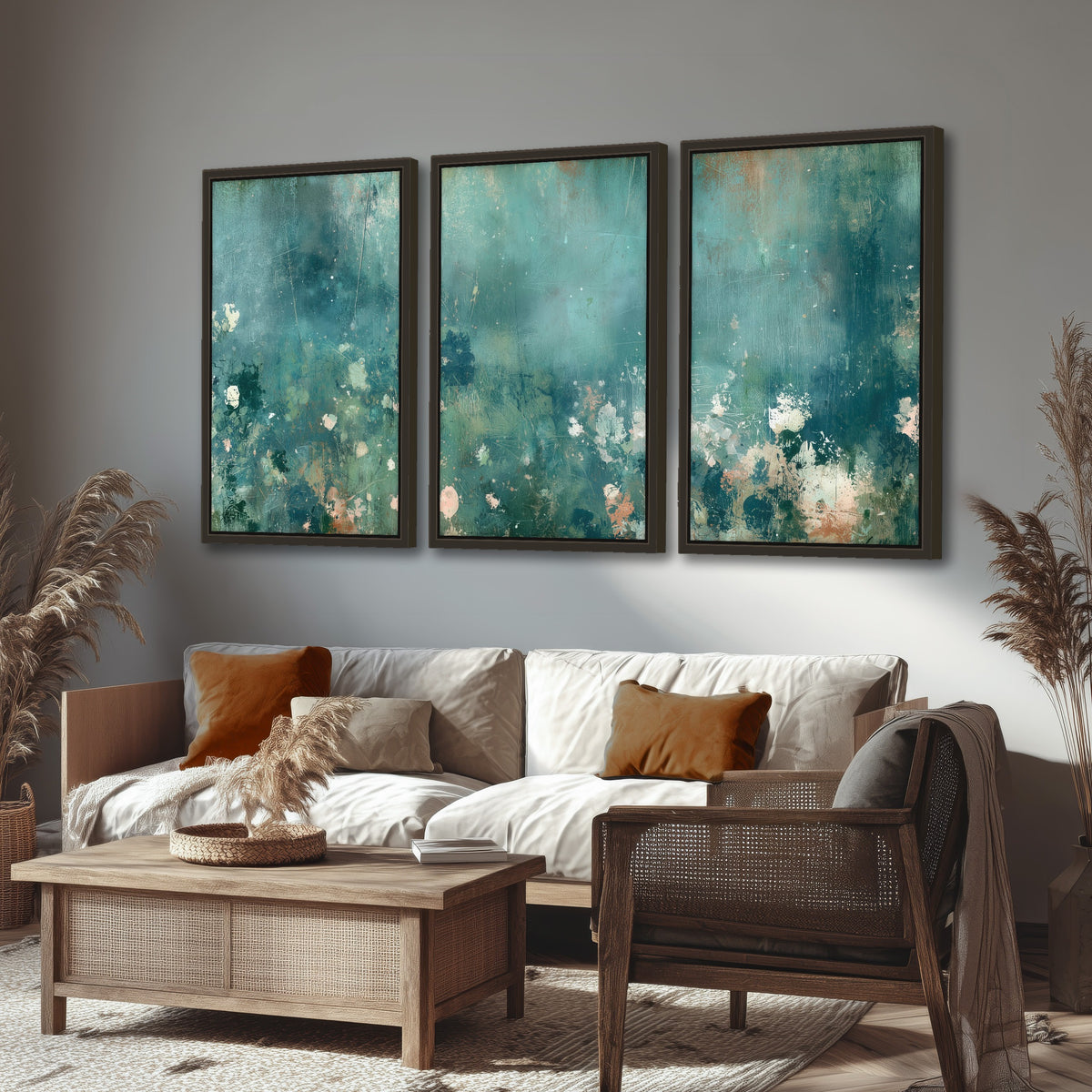 Teal abstract garden painting 3 piece framed canvas in a rustic living room
