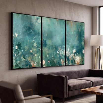 Teal abstract garden painting 3 piece framed canvas in a modern living room