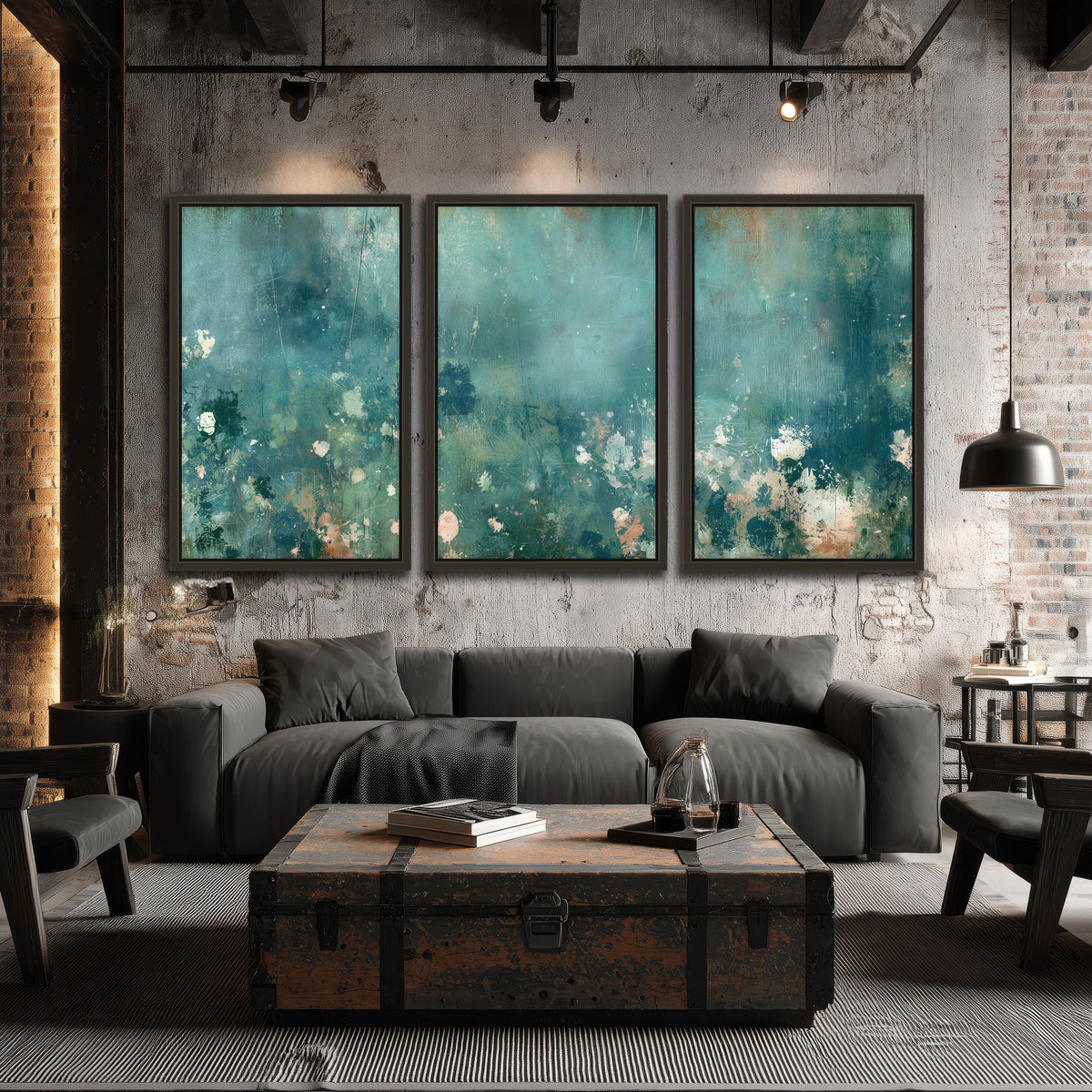 Teal abstract garden painting 3 piece framed canvas in an industrial loft