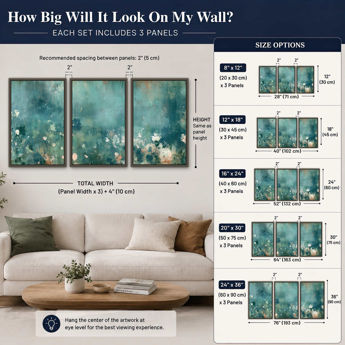 Teal abstract garden painting 3 piece framed canvas size guide above a sofa