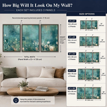 Teal abstract garden painting 3 piece framed canvas size guide above a sofa