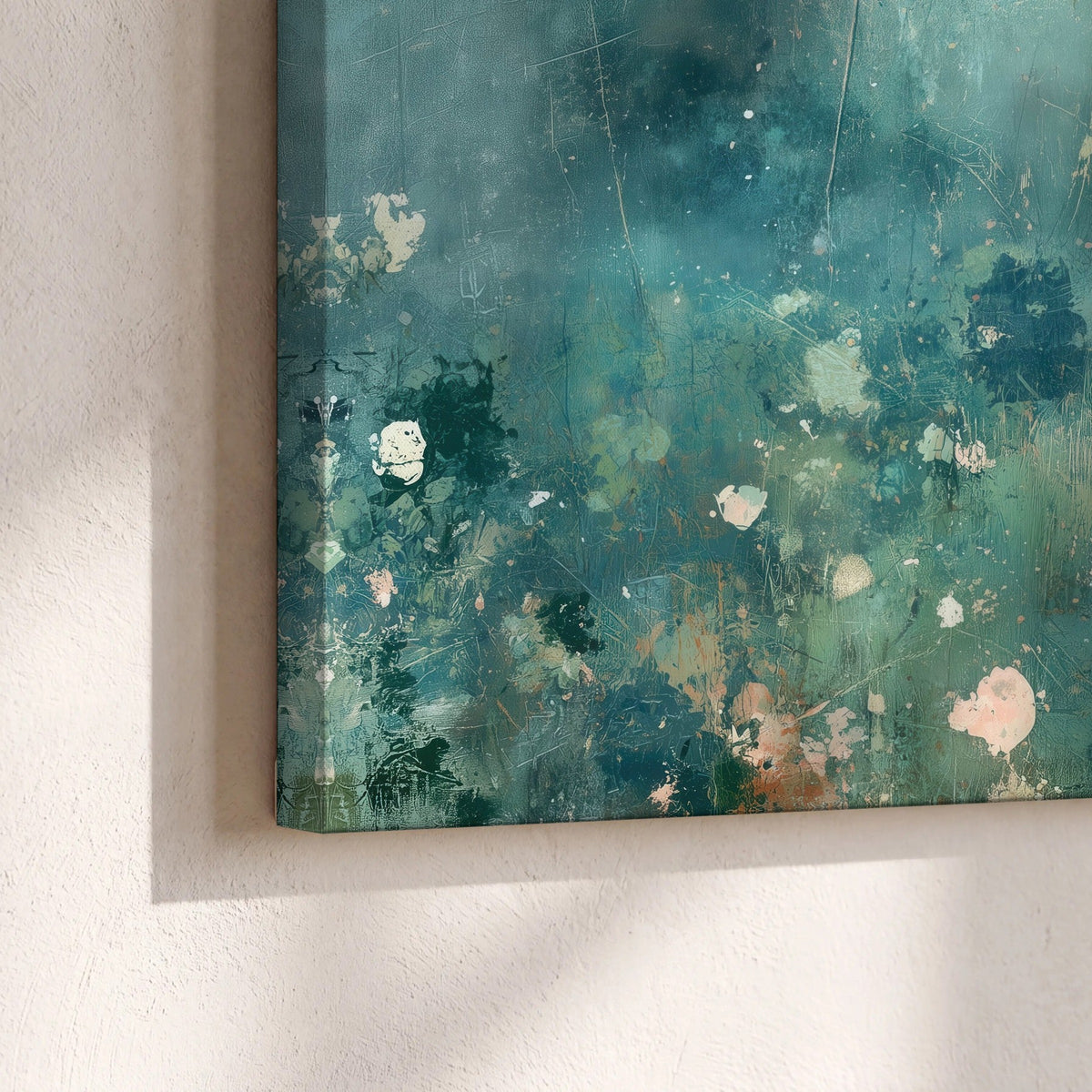 Teal abstract garden painting canvas print close-up showing the gallery-wrapped edge
