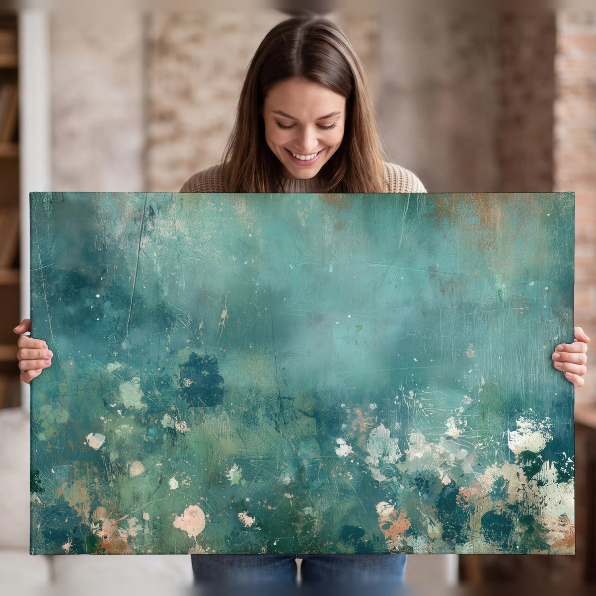 Teal abstract garden painting canvas wall art held in hands