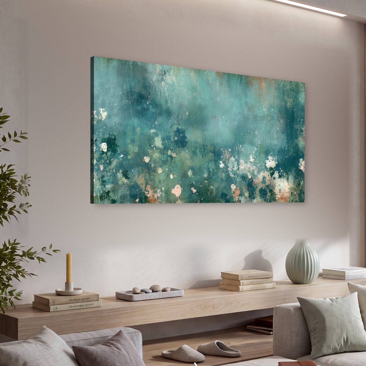 Teal abstract garden painting canvas wall art in a living room above a console