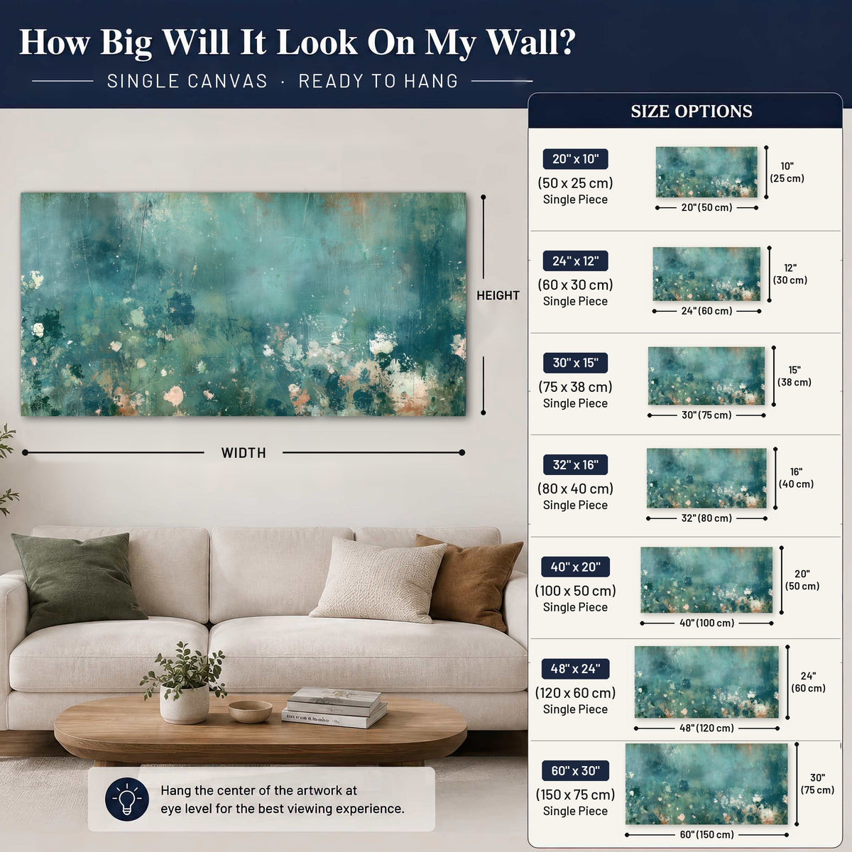 Teal abstract garden painting canvas wall art size guide above a sofa