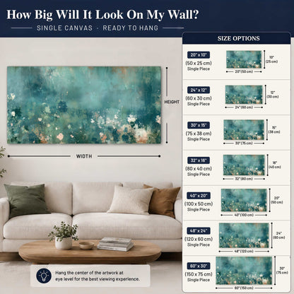 Teal abstract garden painting canvas wall art size guide above a sofa