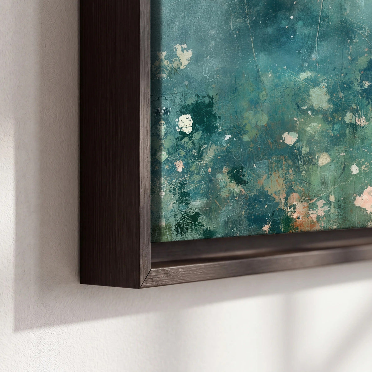 Teal abstract garden painting framed canvas close-up showing the floating frame