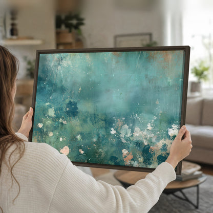 Teal abstract garden painting framed canvas held in hands