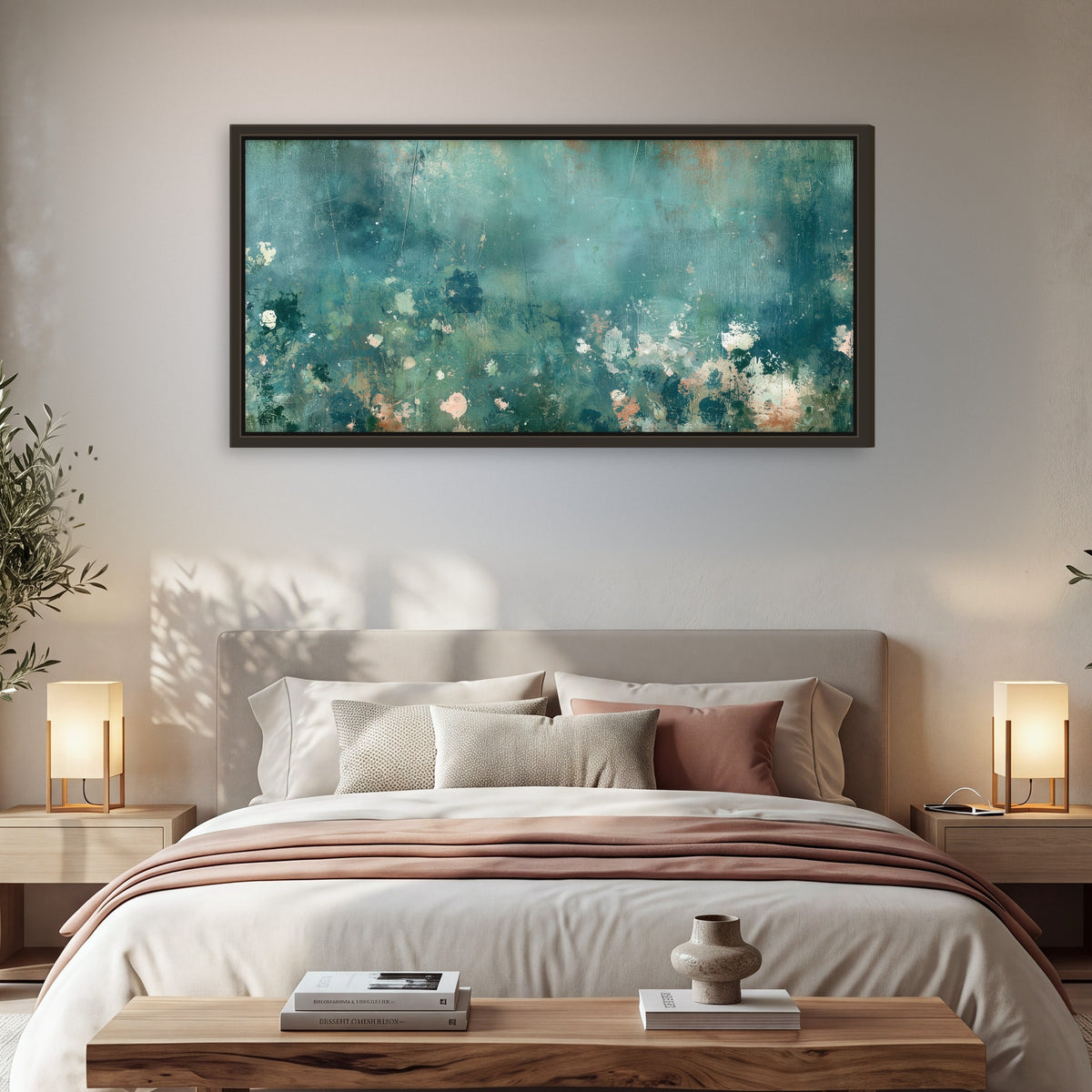 Teal abstract garden painting framed canvas wall art in a bedroom above the bed