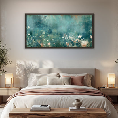 Teal abstract garden painting framed canvas wall art in a bedroom above the bed
